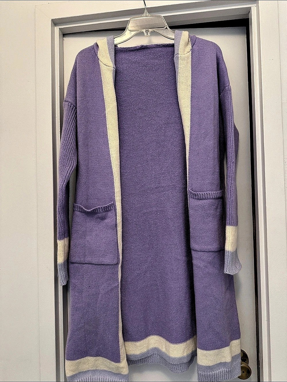 Color Block Hooded Cardigan in Purple & White Like New